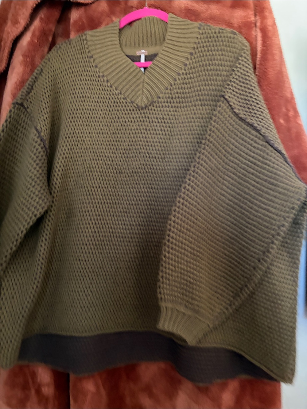Free People Olive Green V-Neck Chunky Knit Sweater